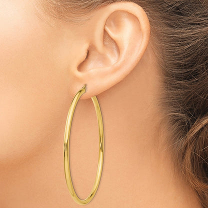 14K Yellow Gold Polished 3X70mm Round Tube Hoop Earrings