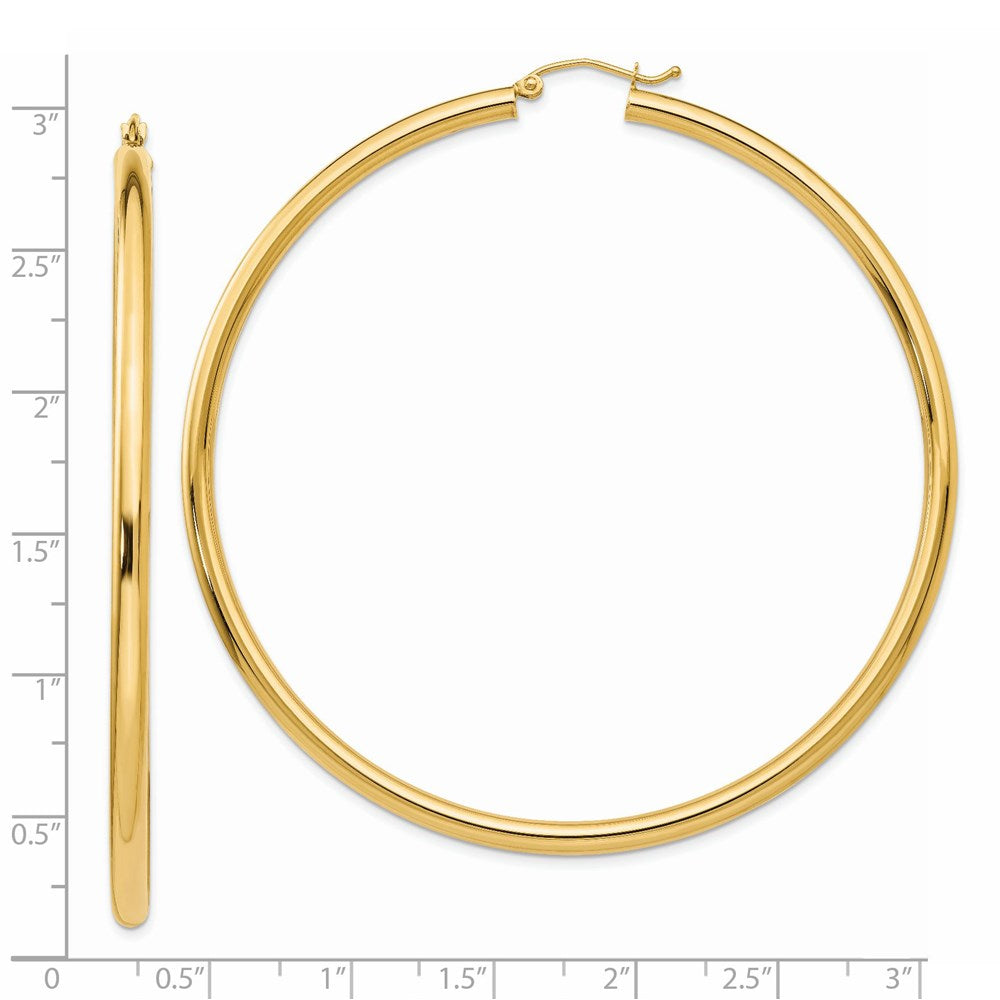 14K Yellow Gold Polished 3X70mm Round Tube Hoop Earrings