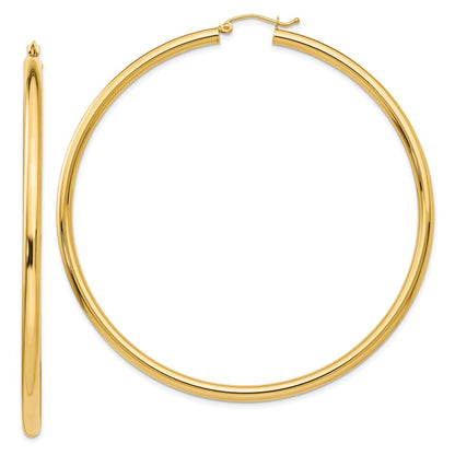 14K Yellow Gold Polished 3X70mm Round Tube Hoop Earrings