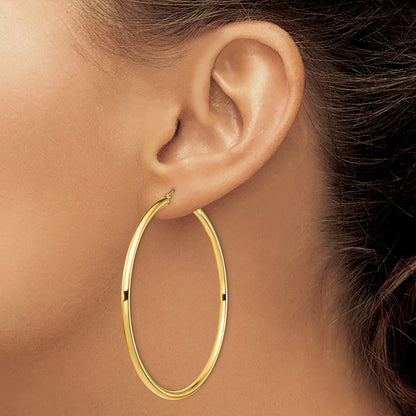 14K Yellow Gold Polished 3X70mm Lightweight Round Tube Hoop Earrings