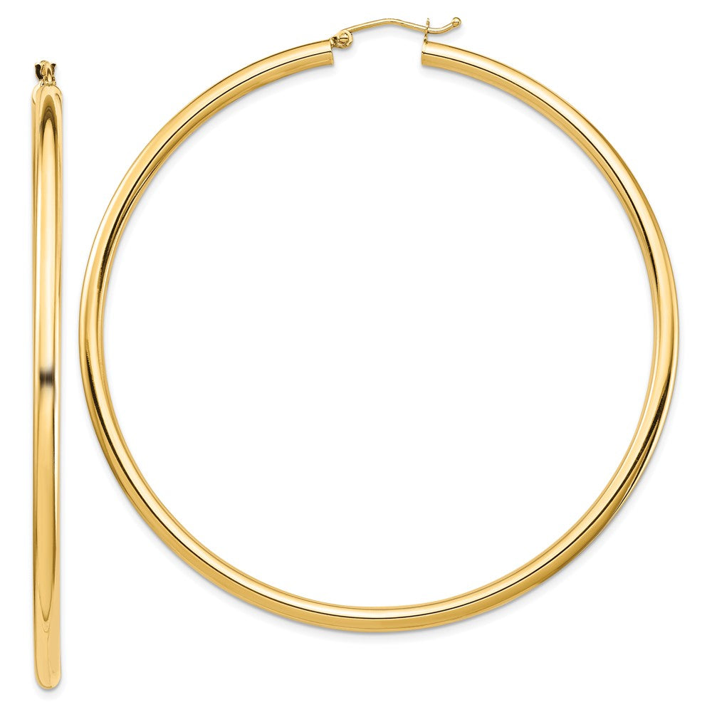14K Yellow Gold Polished 3X70mm Lightweight Round Tube Hoop Earrings