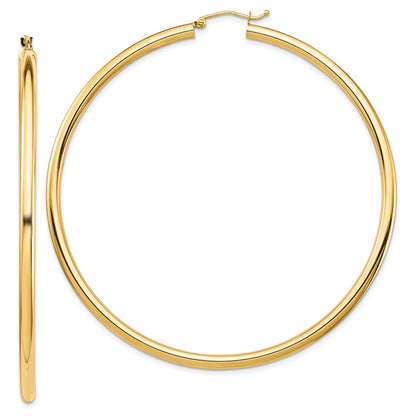 14K Yellow Gold Polished 3X70mm Lightweight Round Tube Hoop Earrings
