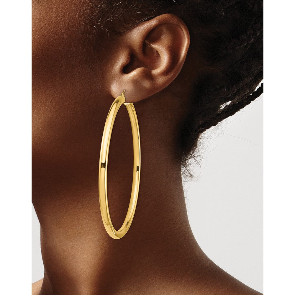 14K Yellow Gold Polished 4X70mm Lightweight Round Tube Hoop Earrings