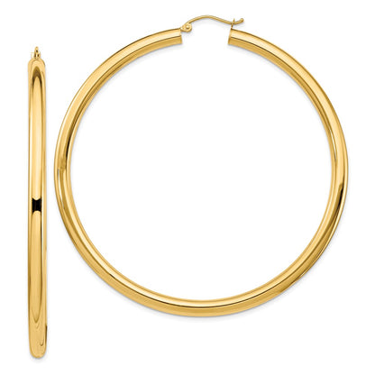 14K Yellow Gold Polished 4X70mm Lightweight Round Tube Hoop Earrings