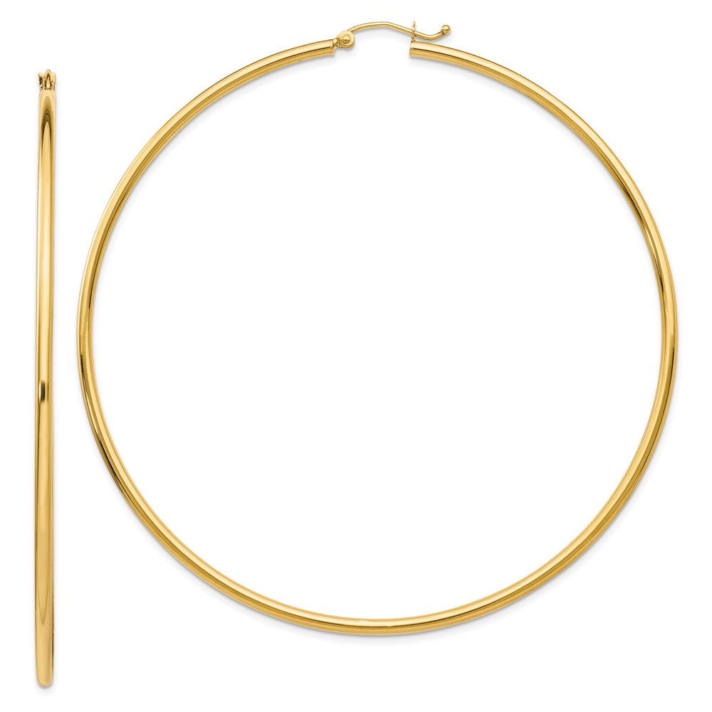 14K Yellow Gold Polished 2X75mm Lightweight Round Tube Hoop Earrings