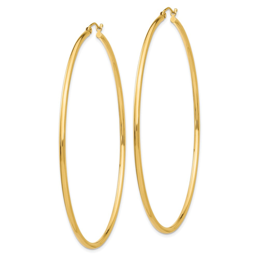 14K Yellow Gold Polished 2X70mm Lightweight Round Tube Hoop Earrings