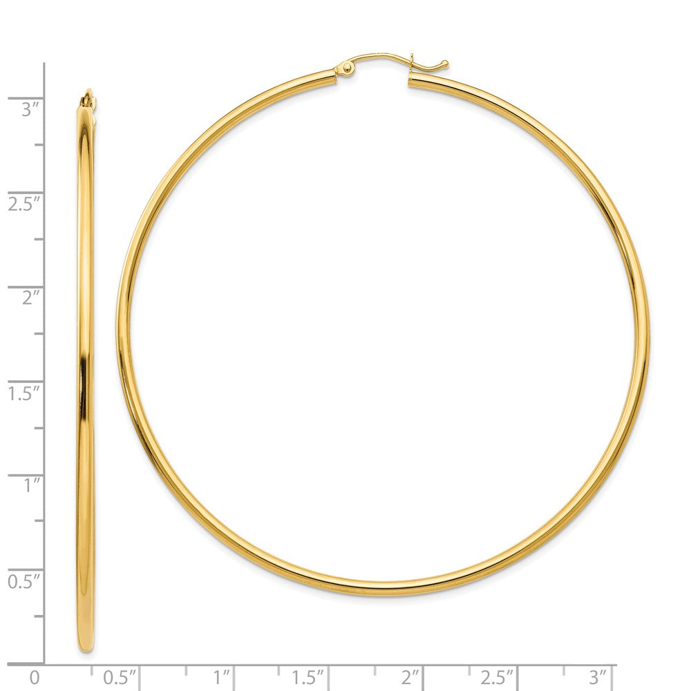 14K Yellow Gold Polished 2X70mm Lightweight Round Tube Hoop Earrings