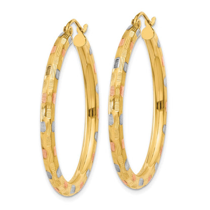 14K Yellow & Rhodium W/White And Rose D/C Hoop Earrings
