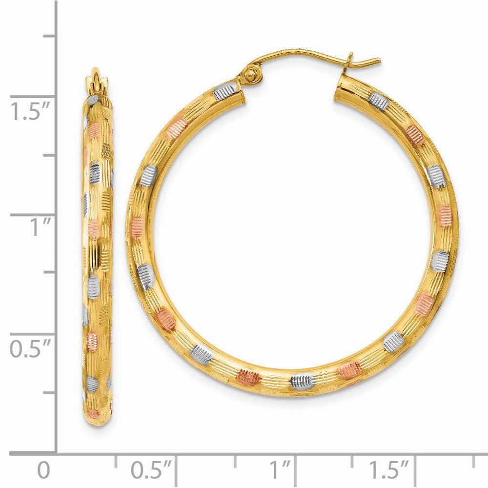 14K Yellow & Rhodium W/White And Rose D/C Hoop Earrings