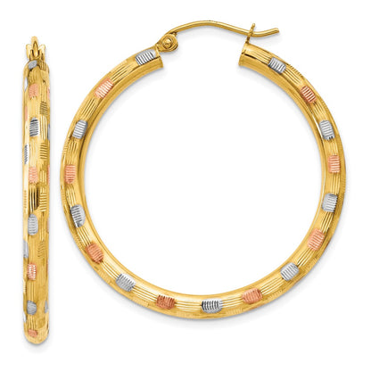 14K Yellow & Rhodium W/White And Rose D/C Hoop Earrings