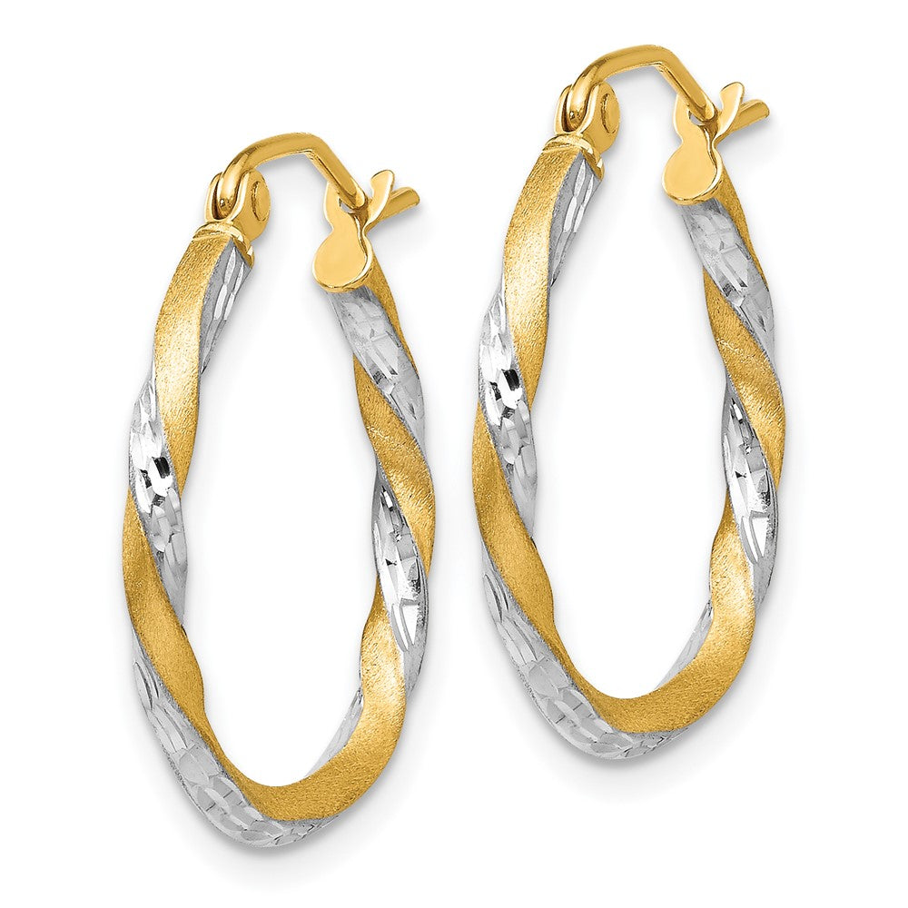 14K Yellow & Rhodium Satin Diamond Cut Twisted Hoop Earrings