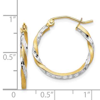 14K Yellow & Rhodium Satin Diamond Cut Twisted Hoop Earrings