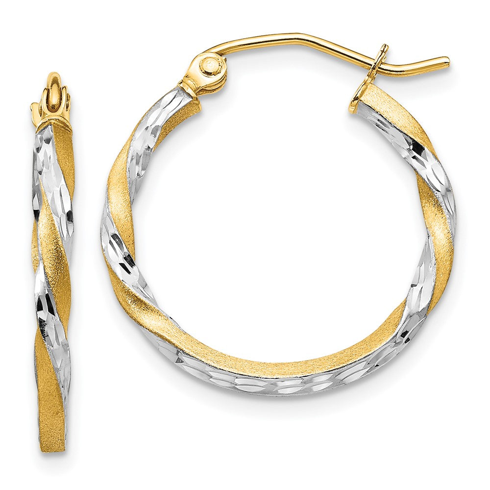 14K Yellow & Rhodium Satin Diamond Cut Twisted Hoop Earrings