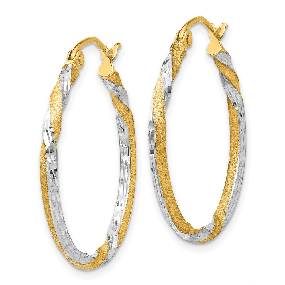 14K Yellow & Rhodium Satin Diamond Cut Twisted Hoop Earrings