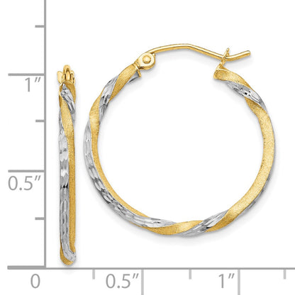 14K Yellow & Rhodium Satin Diamond Cut Twisted Hoop Earrings