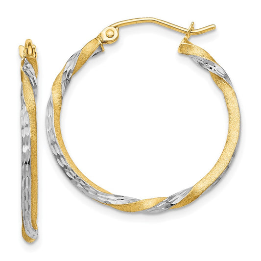 14K Yellow & Rhodium Satin Diamond Cut Twisted Hoop Earrings