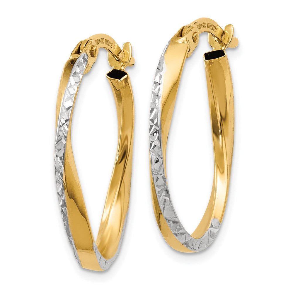 14K Yellow & Rhodium W/White Textured And Polished Oval Hoop Earrings