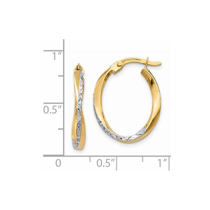 14K Yellow & Rhodium W/White Textured And Polished Oval Hoop Earrings