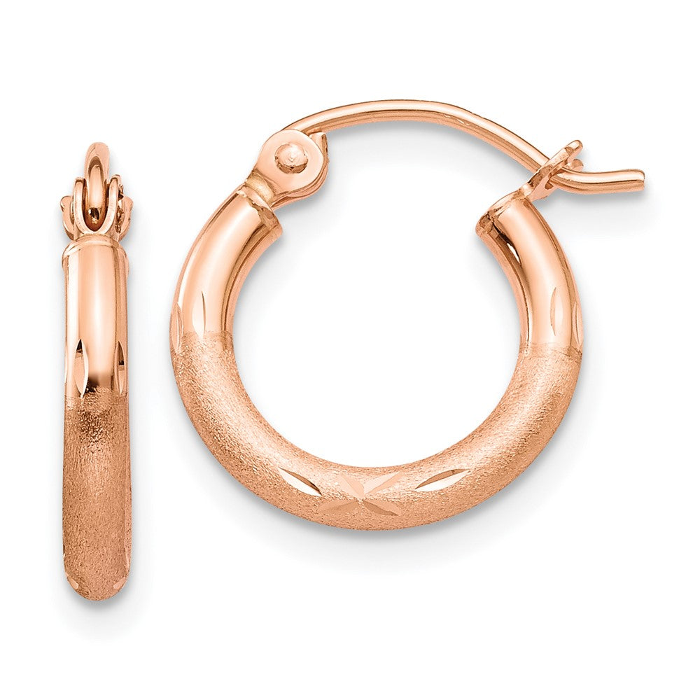 14K Rose Gold Lightweight Satin Diamond Cut Hoop Earrings