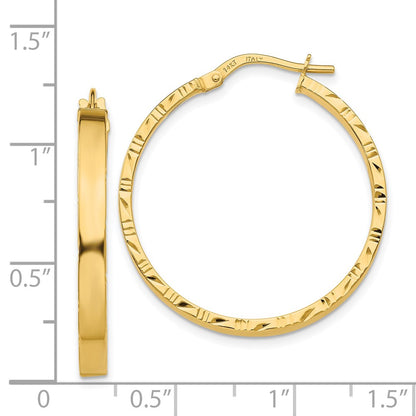 14K Yellow Gold Diamond Cut Edge Large 3mm Polished Hoop Earrings