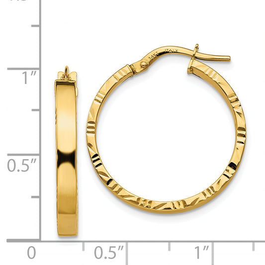 14K Yellow Gold Diamond Cut Edge Medium 3mm Polished Hoop Earrings