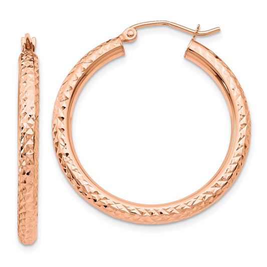 14K Rose Gold Diamond-Cut 3mm Round Hoop Earrings