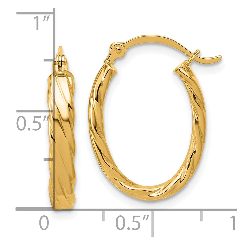 14K Yellow Gold 3mm Patterned Oval Hoop Earrings