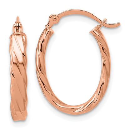 14K Rose Gold 3mm Patterned Oval Hoop Earrings