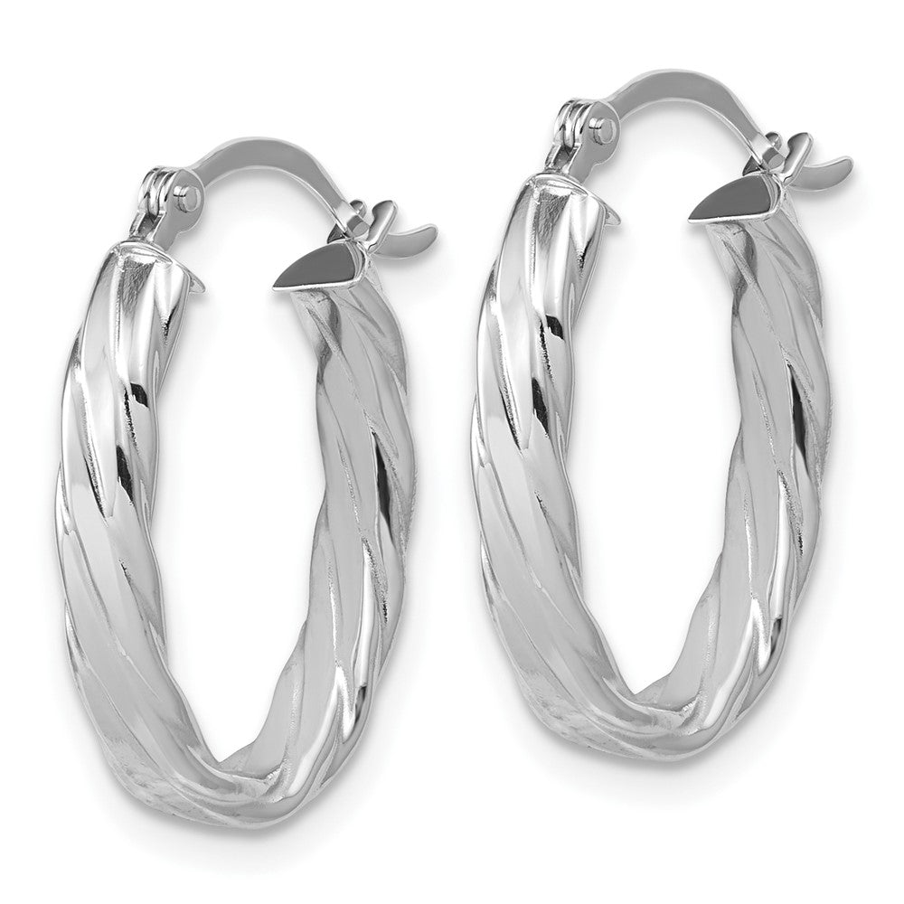 14K White Gold 3mm Patterned Oval Hoop Earrings