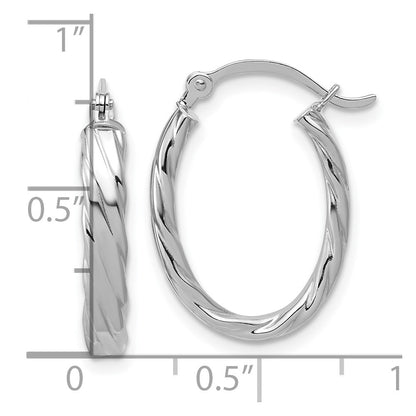 14K White Gold 3mm Patterned Oval Hoop Earrings