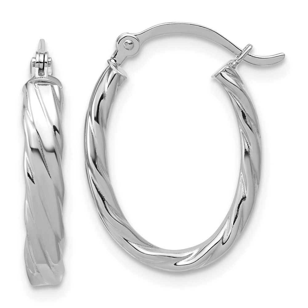 14K White Gold 3mm Patterned Oval Hoop Earrings