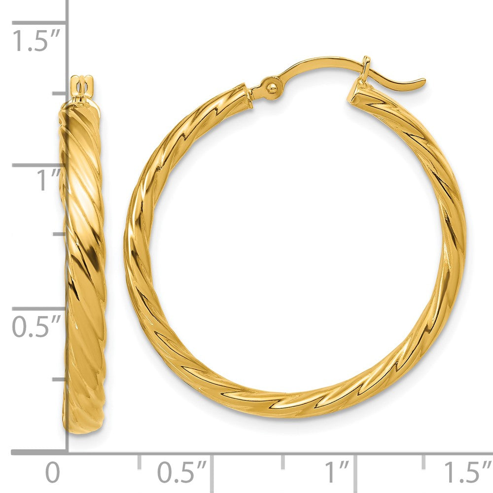 14K Yellow Gold Large 3mm Patterned Hoop Earrings