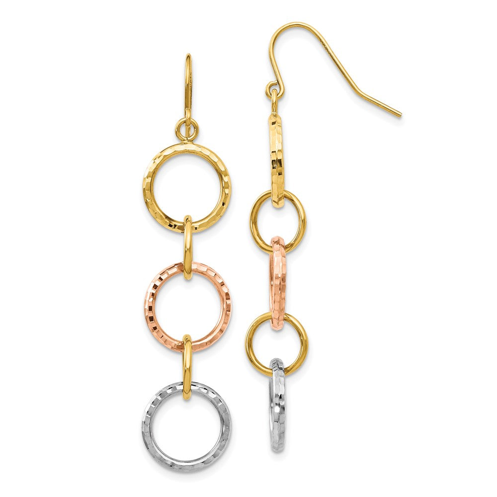 14K Tri-Color Diamond Cut Circle Dangle Earrings
