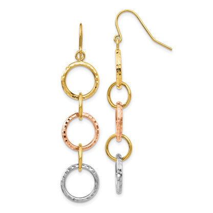 14K Tri-Color Diamond Cut Circle Dangle Earrings
