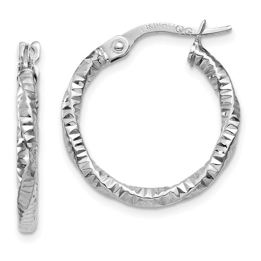 14K White Gold Polished And Textured Hoop Earrings