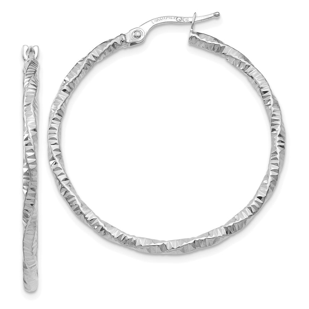 14K White Gold Polished And Textured Hoop Earrings