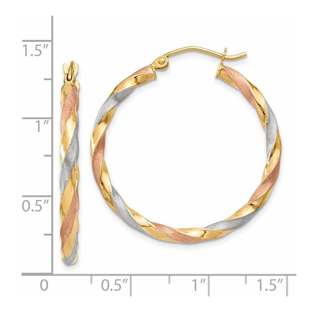 14K Yellow & Rhodium White Rose Satin Twisted Hoop Earrings