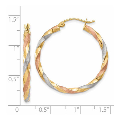 14K Yellow & Rhodium White Rose Satin Twisted Hoop Earrings