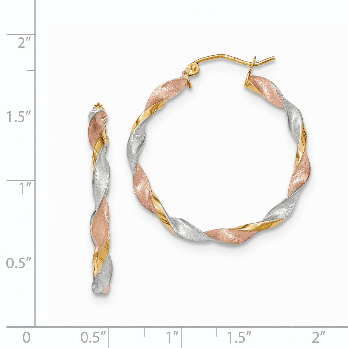 14K Yellow & Rhodium Tri-Color Satin Twisted Hoop Earrings