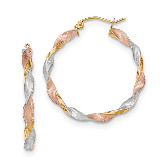 14K Yellow & Rhodium Tri-Color Satin Twisted Hoop Earrings