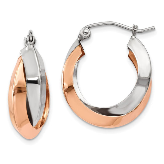 14K Two-Tone Rose And White Gold Polished Oval Hoop Earrings