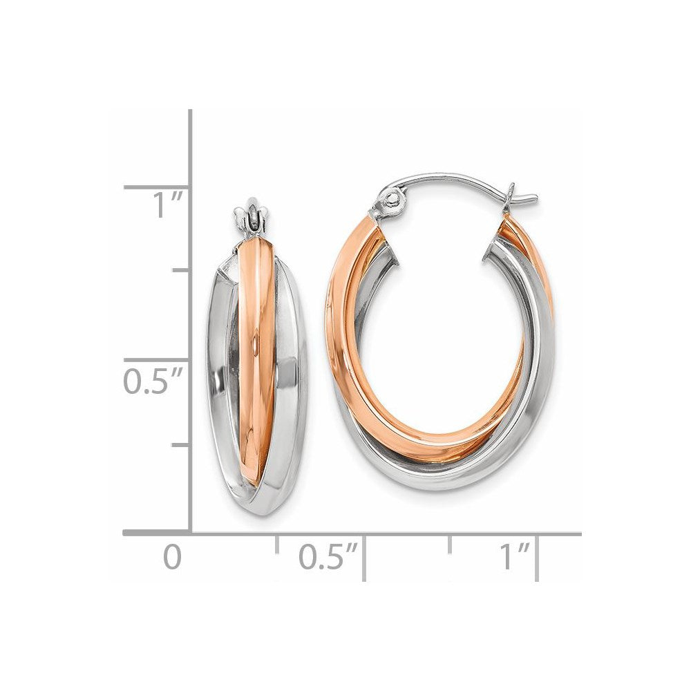 14K Two-Tone Rose And White Gold Polished Oval Tube Hoop Earrings
