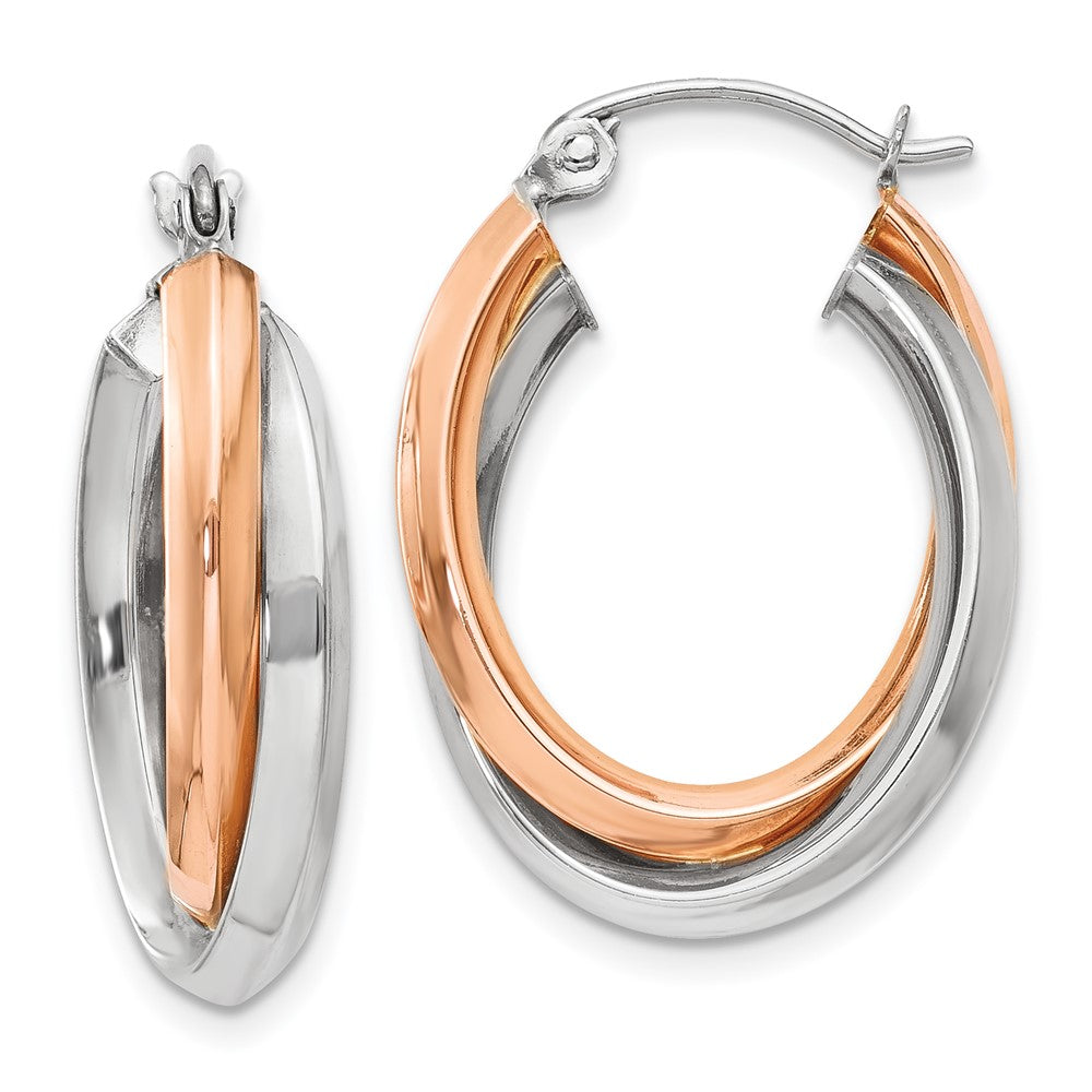 14K Two-Tone Rose And White Gold Polished Oval Tube Hoop Earrings