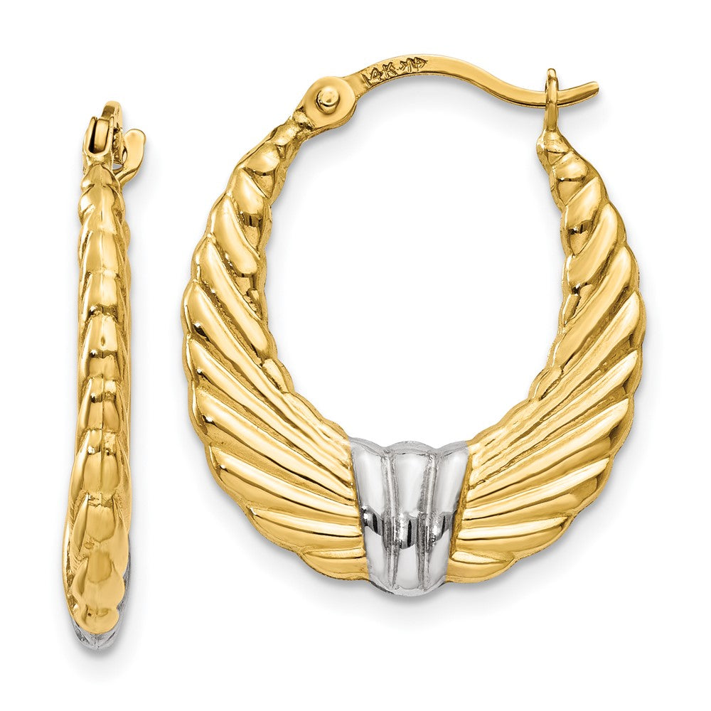 14K Yellow & Rhodium Polished And Textured Hoop Earrings