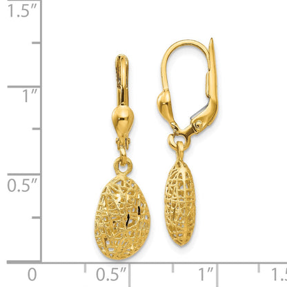 14K Yellow Gold Polished Diamond-Cut Satin Puff Dangle Leverback Earrings