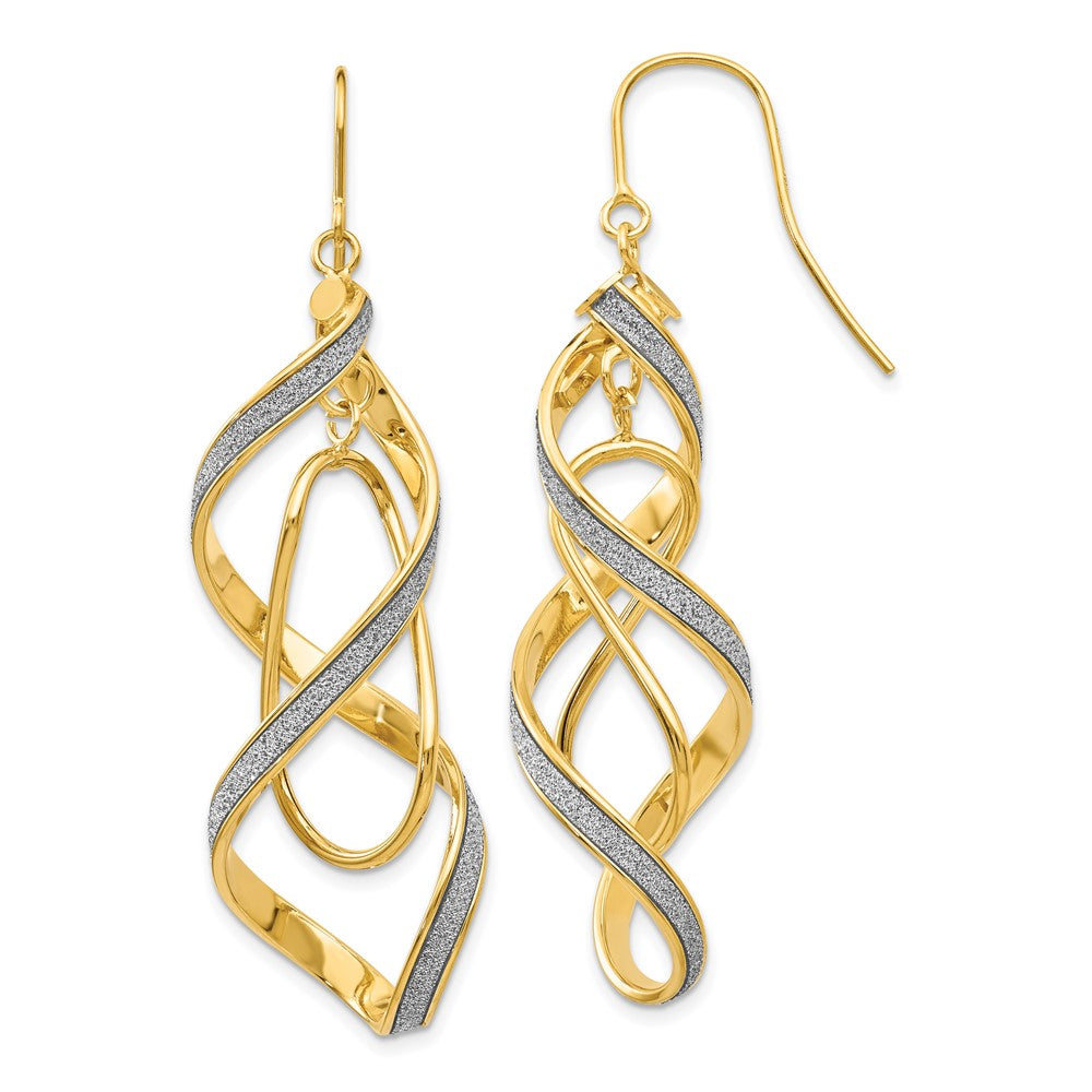 14K Yellow Gold Polished Glitter Infused Spiral Dangle Earrings