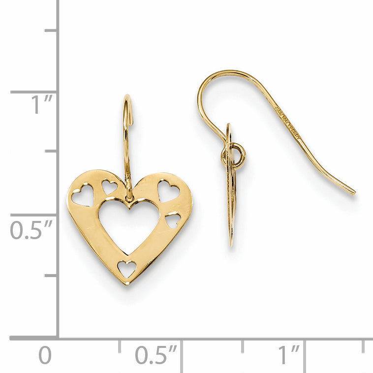 14K Yellow Gold Polished Cut-Out Heart Dangle Earrings