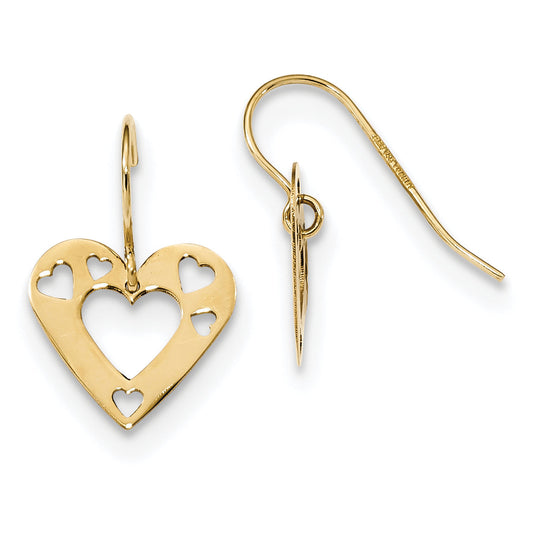 14K Yellow Gold Polished Cut-Out Heart Dangle Earrings