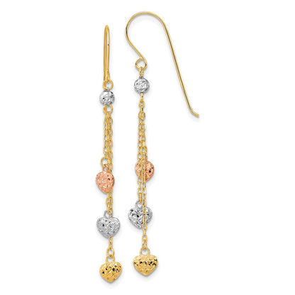 14K Tri-Color D/C Triple Heart Dangle Shepherd Hook Earrings