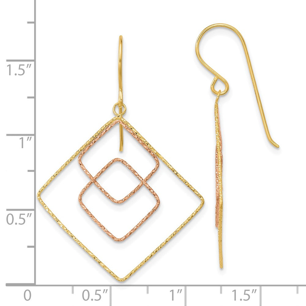 14K Two-Tone Diamond-Cut Graduated Square Shepherd Hook Earrings